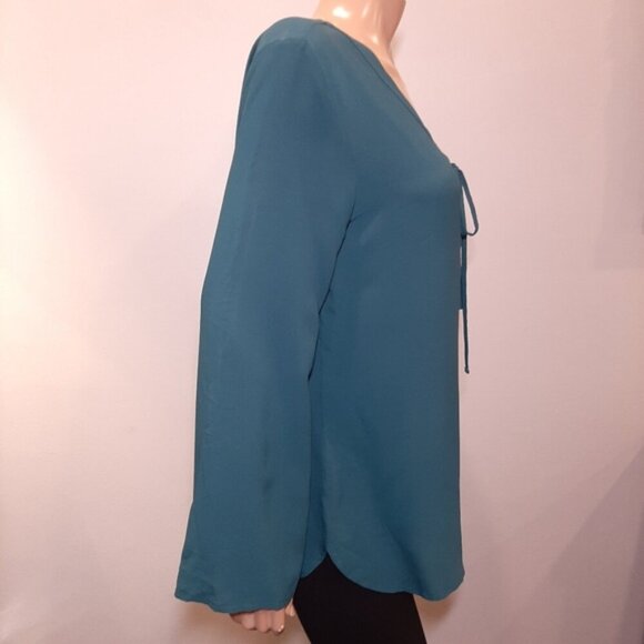 3/$20 George Boho Tunic Blouse Long Flare Sleeves Lace Up Vneck Teal - Picture 5 of 10